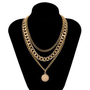 Vintage Multilayer Letter Coins Pendant Necklace for Men Thick Link Chain Choker