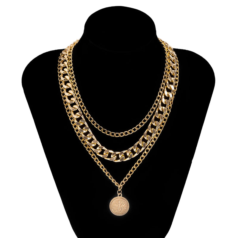 Vintage Multilayer Letter Coins Pendant Necklace for Men Thick Link Chain Choker