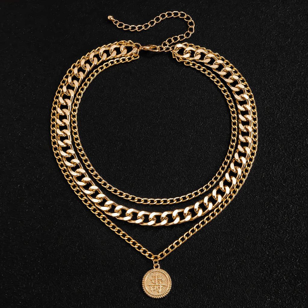 Vintage Multilayer Letter Coins Pendant Necklace for Men Thick Link Chain Choker