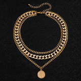 Vintage Multilayer Letter Coins Pendant Necklace for Men Thick Link Chain Choker