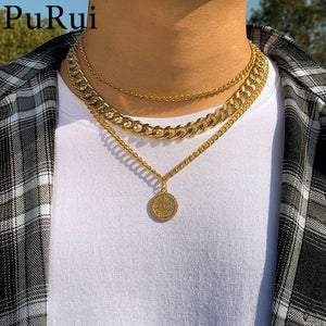 Vintage Multilayer Letter Coins Pendant Necklace for Men Thick Link Chain Choker