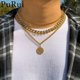 Vintage Multilayer Letter Coins Pendant Necklace for Men Thick Link Chain Choker