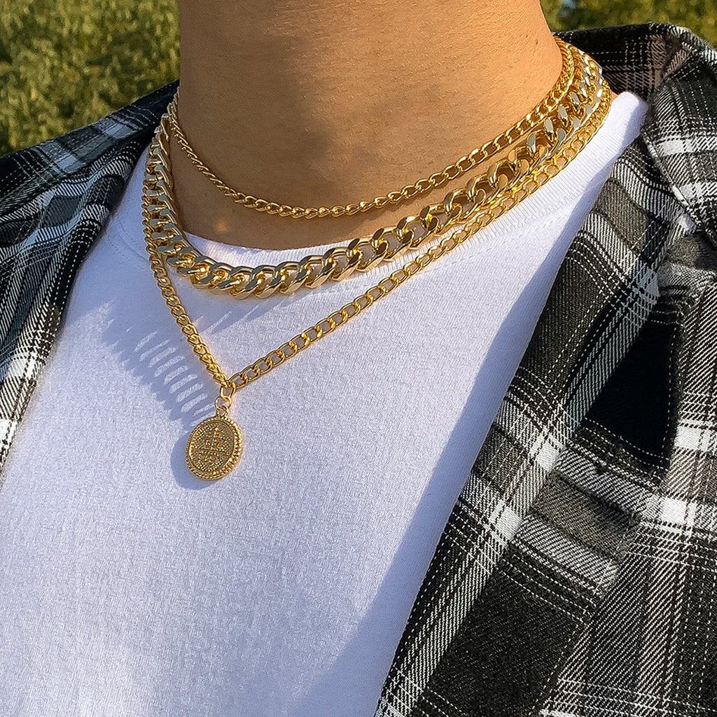 Vintage Multilayer Letter Coins Pendant Necklace for Men Thick Link Chain Choker