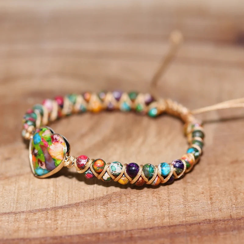 Vintage Natural Stone Wrap Bracelet with Heart Charm for Men and Women