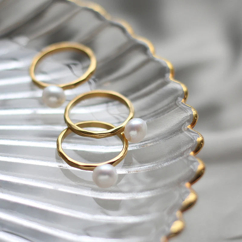 Vintage Stainless Steel Band Ring with Freshwater Pearl