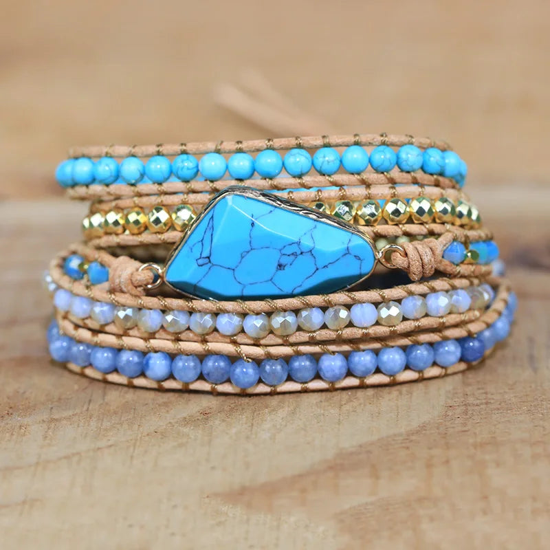 Natural Stone Charm Leather Wrap Bracelet