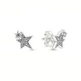 Winter Clear Sparkling Asymmetry Star Stud Earrings 925 Sterling Silver