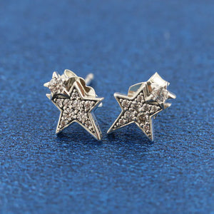 Winter Clear Sparkling Asymmetry Star Stud Earrings 925 Sterling Silver