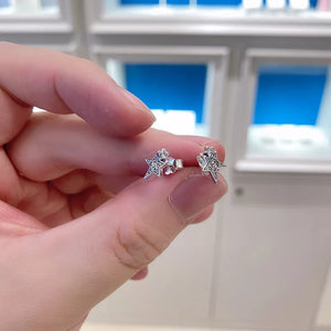 Winter Clear Sparkling Asymmetry Star Stud Earrings 925 Sterling Silver