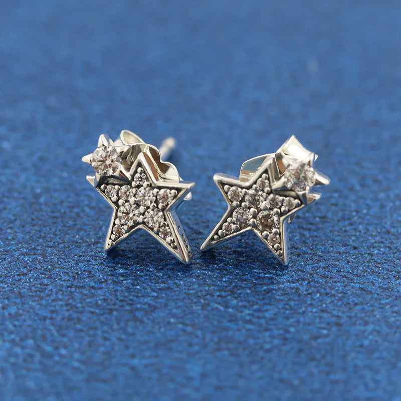 Winter Clear Sparkling Asymmetry Star Stud Earrings 925 Sterling Silver