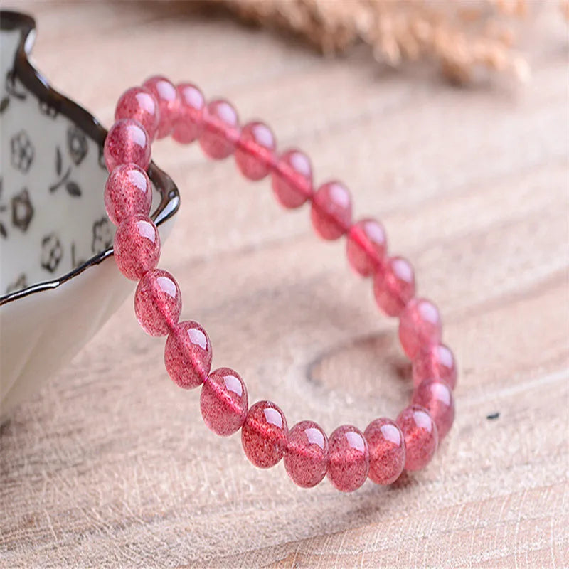 StrawBerry Crystal Stone Bracelet 8 MM Round Beads 100% Really Pink
