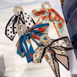 Women Pearl Head Rope Ribbon Silk Scarf Hair Band Hair Ring Rubber Band