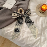 Women Pearl Head Rope Ribbon Silk Scarf Hair Band Hair Ring Rubber Band