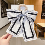 Women Pearl Head Rope Ribbon Silk Scarf Hair Band Hair Ring Rubber Band