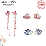 925 Silver Fan Stud Earrings with Sparkling Crystal Heart