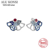 925 Silver Fan Stud Earrings with Crystal Floral Heart
