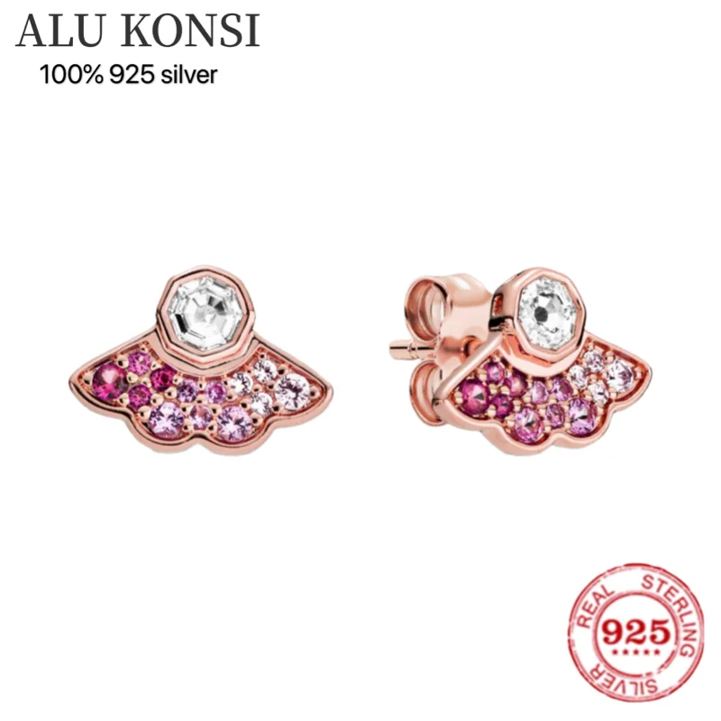 925 Silver Fan Stud Earrings with Sparkling Crystal Heart