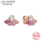 925 Silver Fan Stud Earrings with Sparkling Crystal Heart