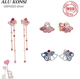 925 Silver Fan Stud Earrings with Crystal Floral Heart