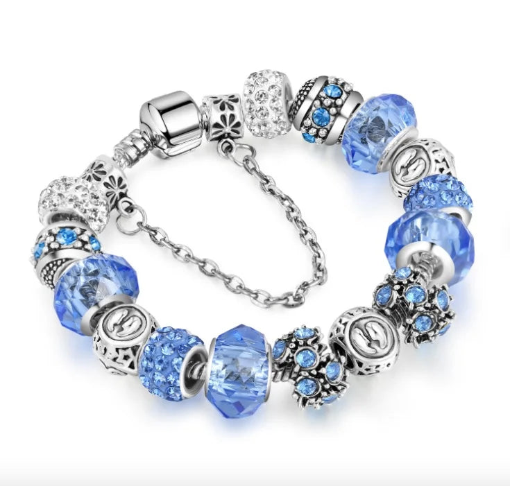 Glass Bead Bracelet with Safety Chain Heart Key Charms