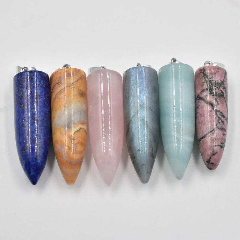 Labrador Stone Bullet Shaped Pillar Charms Point Pendants 13x41mm 6pcs
