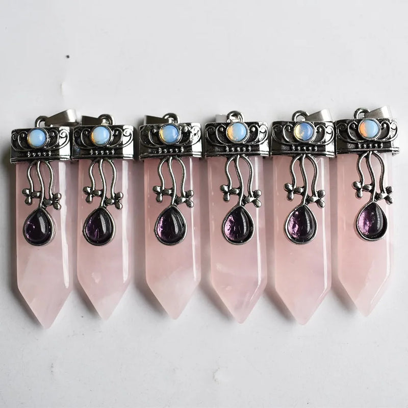 Pink Quartz Crystal Point Pendulum Chakra Pendant 6pcs/lot