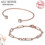 925 Sterling Silver Rose Pink Charm Bracelet For Women DIY Jewelry