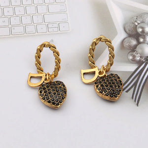 Ancient Retro Letter D Zircon Love Earrings for Women