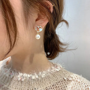 Natural Pearl 925 Silver Needle Rhinestone Earrings