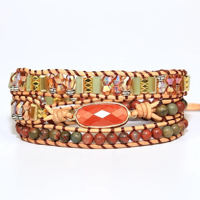 Red Natural Stone Heart Charm Leather Bracelet