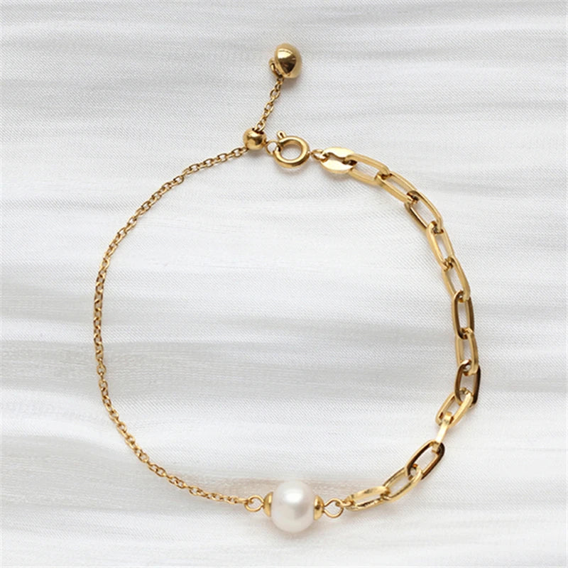 Titanium Steel Plating 18K Chain Zircon Pearl Bracelet for Women