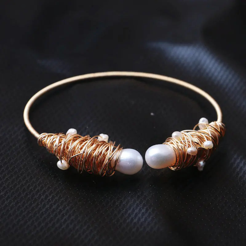 14K Plated Pearl Charm Cuff Bangle for Women