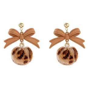 Leopard Print Hair Ball Stud Earrings Sweet Retro Style Caramel Earrings Sale