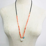 Adjustable Long Necklace Coral Beaded Pearl Pendant Women Party Wedding