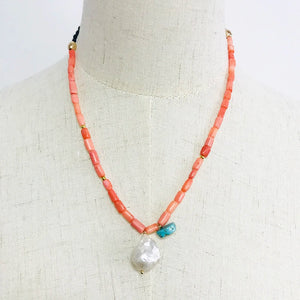 Adjustable Long Necklace Coral Beaded Pearl Pendant Women Party Wedding