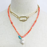 Adjustable Long Necklace Coral Beaded Pearl Pendant Women Party Wedding
