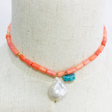 Adjustable Long Necklace Coral Beaded Pearl Pendant Women Party Wedding
