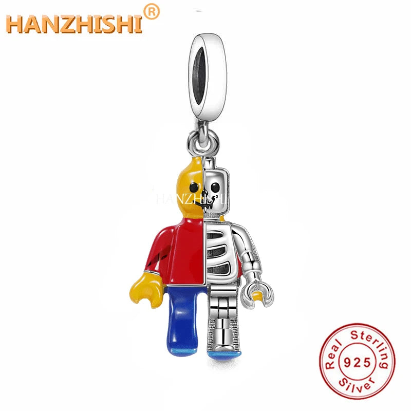 925 Sterling Silver Cartoon Robot Dangle Charm Bead Jewelry Gift