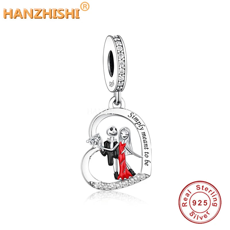 925 Silver Dancing Skull Couple Dangle Charm Bead Jewelry Gift