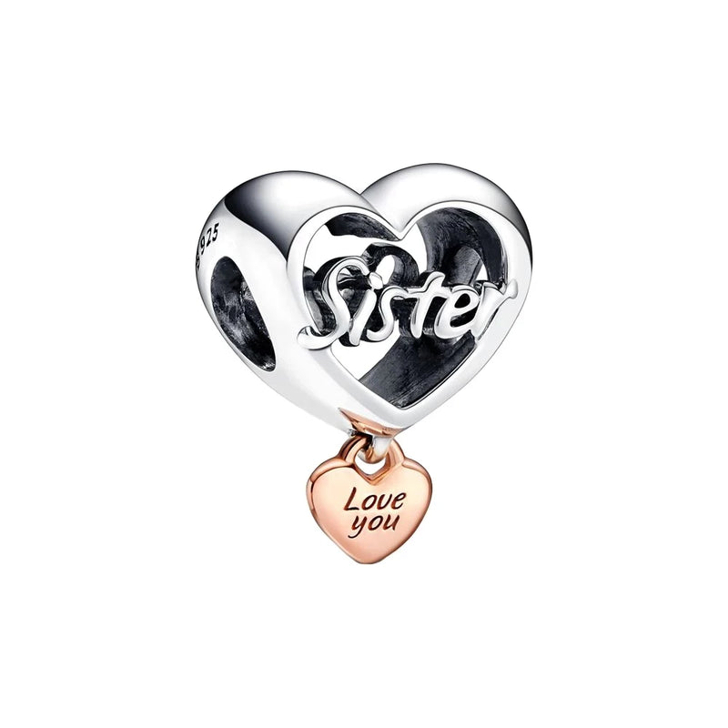 925 Silver Love You Sister Heart Charms for Bracelet DIY Jewelry