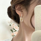 Geometric Square Retro Pearl Flower Earrings