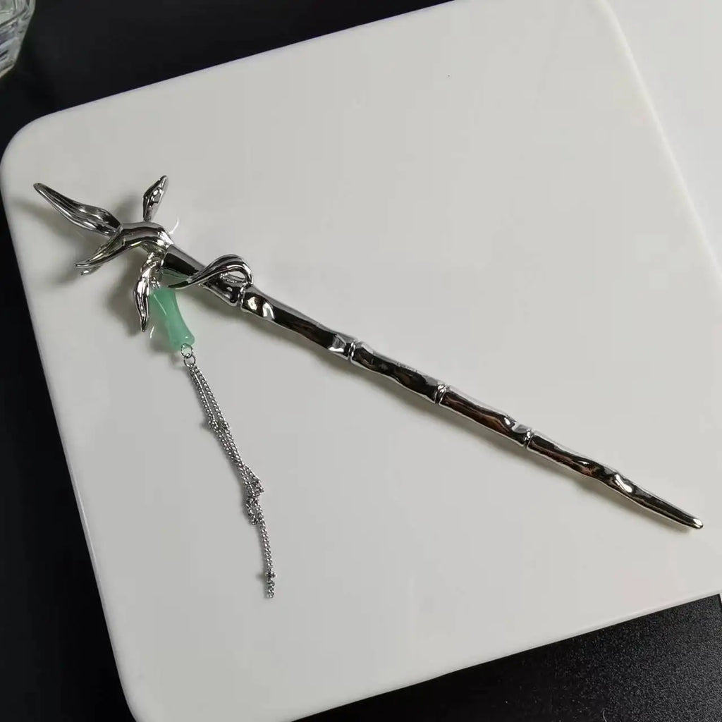 Vintage Metal Headwear Aventurine Jade Stone Tassel Hair Stick