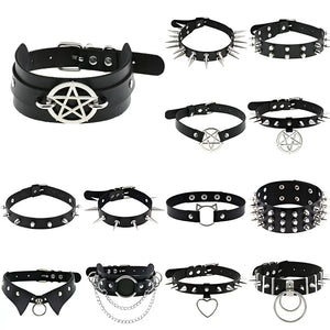 Vintage Charm Gothic Spike Rivet Collar Pendant Leather Pentagram