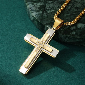 Men's Stainless Steel Cross Necklace with Zircon Setting