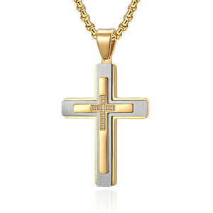 Men's Stainless Steel Cross Necklace with Zircon Setting