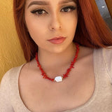Bohemian Red Coral Bead Pearl Choker Necklace