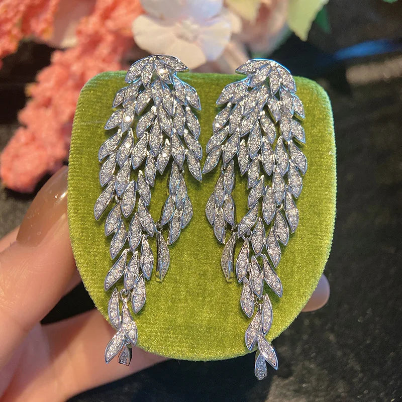 Leaf Drop Earrings with Zircon for Women Wedding Bride Party Jewelry Gift