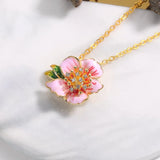 Enamel Peach Blossom Flower Pendant Necklace Crystal Choker
