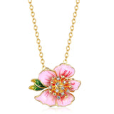 Enamel Peach Blossom Flower Pendant Necklace Crystal Choker