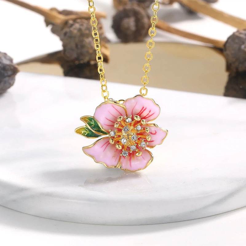 Enamel Peach Blossom Flower Pendant Necklace Crystal Choker